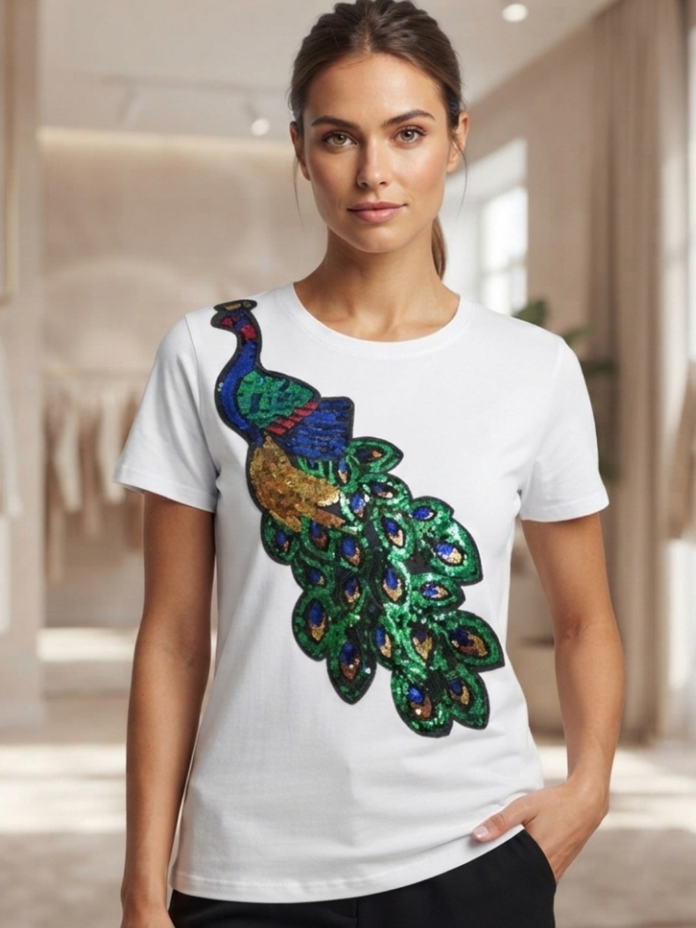 White T-Shirt with Sequin Peacock Patch - Size 14, MY·DBSH Cotton Bling Top